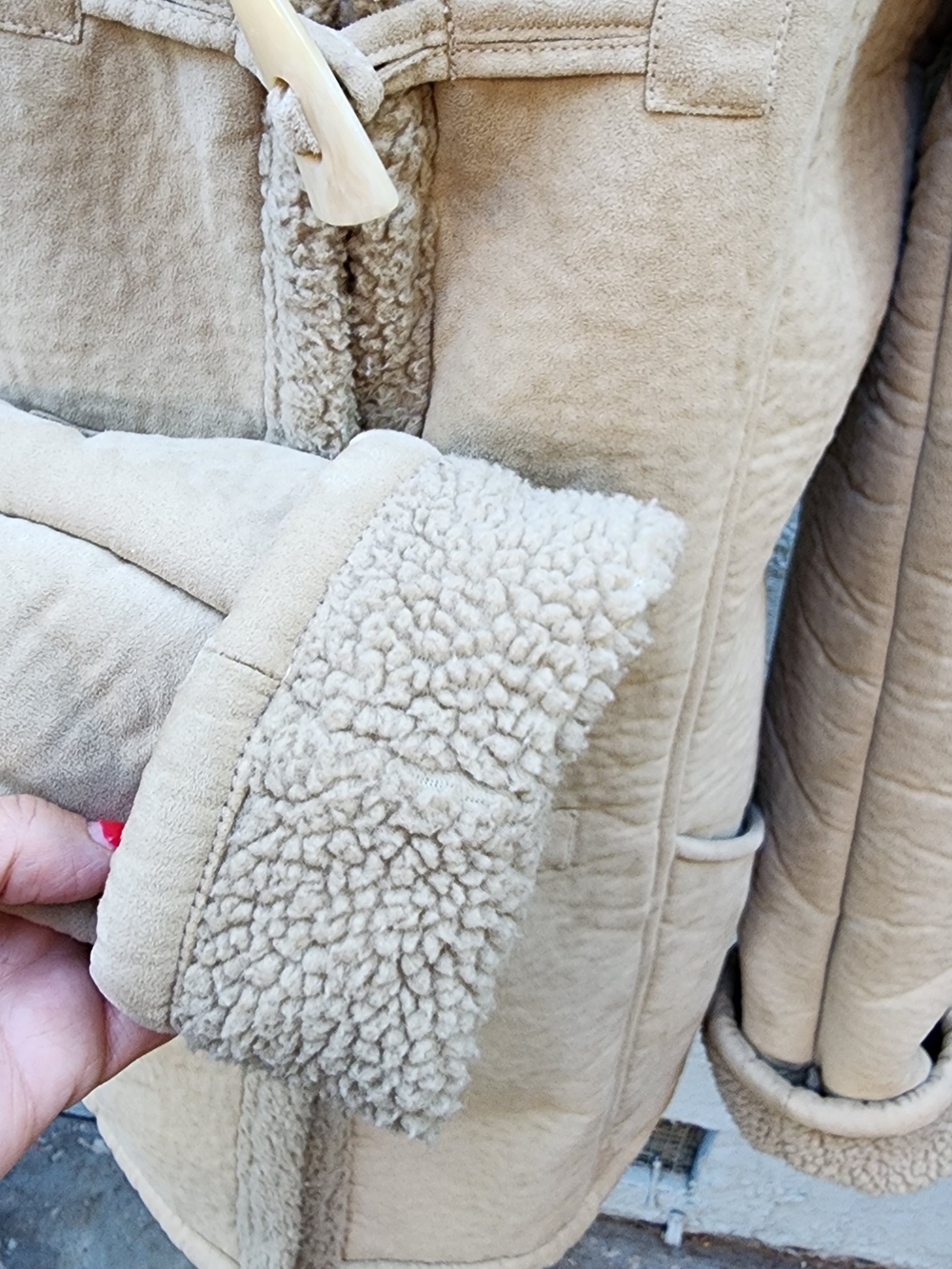 Vintage DKNY Faux Suede Shearling Toggle Duffle Coat Jacket Beige [M] - Picture 5 of 12